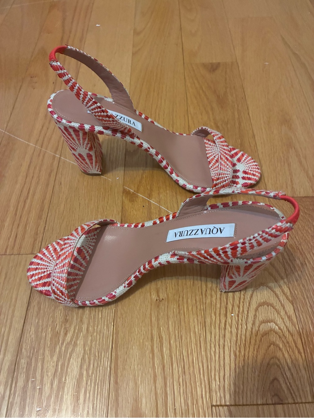 Aquazzura Coral and White So Nude Woven Slingback Sandals Block Heels